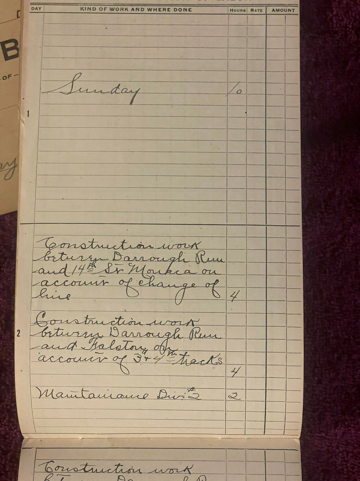 Handwritten railroad work log page showing Sunday entry and construction work entries for Barrough Run