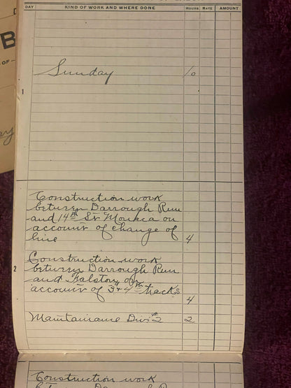 Handwritten railroad work log page showing Sunday entry and construction work entries for Barrough Run