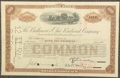 Vintage Baltimore & Ohio Railroad stock certificate for 100 shares, brown and cream colored with ornate borders and steam loc