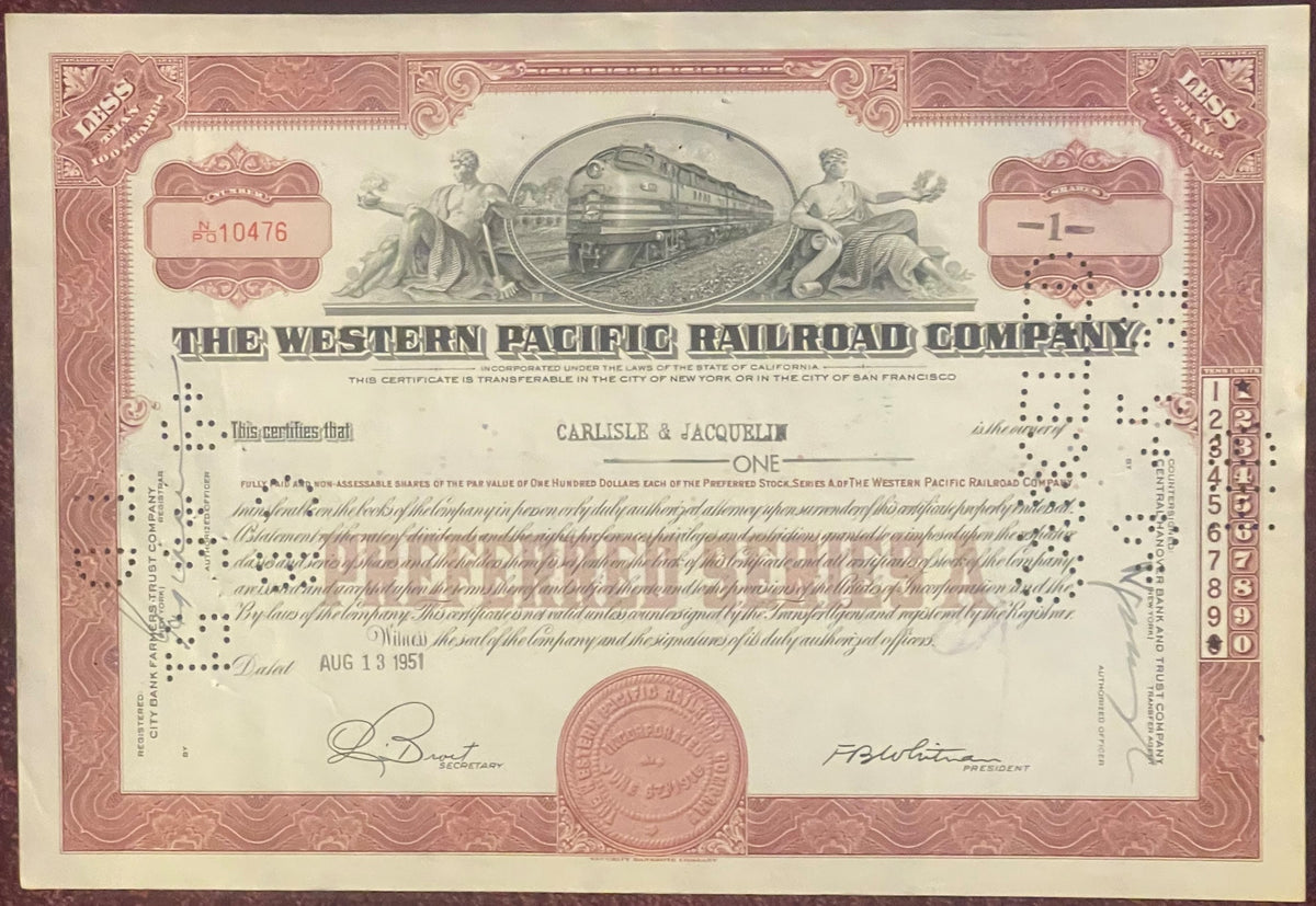 Vintage Western Pacific Railroad stock certificate from, featuring red decorative borders, steam locomotive illustration