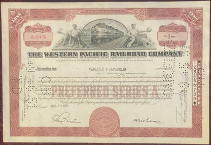 Vintage Western Pacific Railroad stock certificate from, featuring red decorative borders, steam locomotive illustration