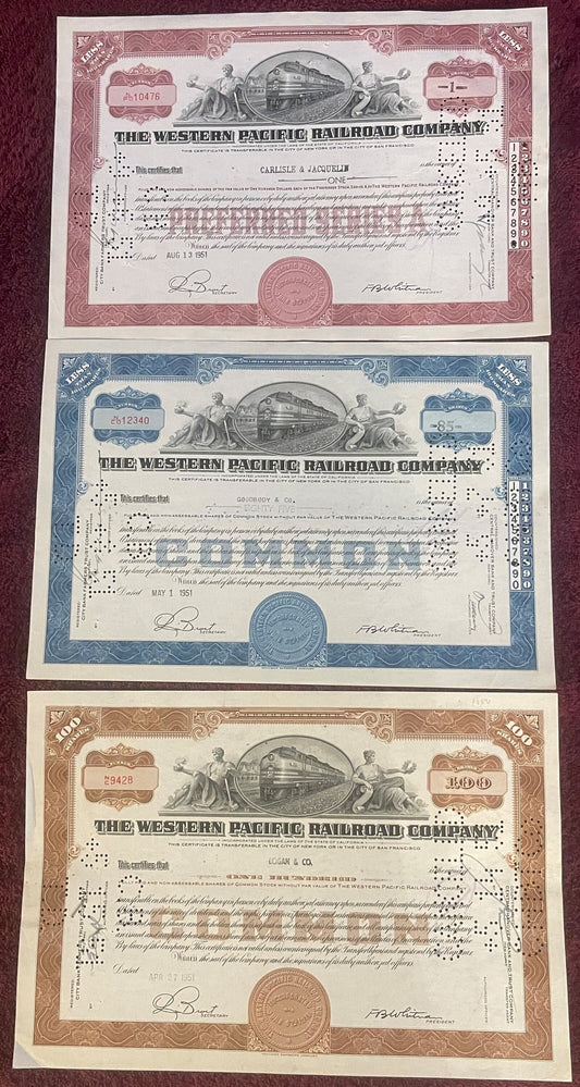 Vintage Western Pacific Railroad Stock Certificate from the 1940s-50s