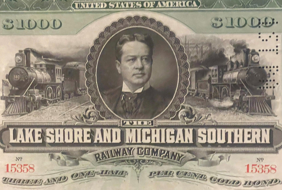 Antique 1897 Lake Shore and Michigan Southern Railway $1000 gold bond certificate with portrait and steam locomotives