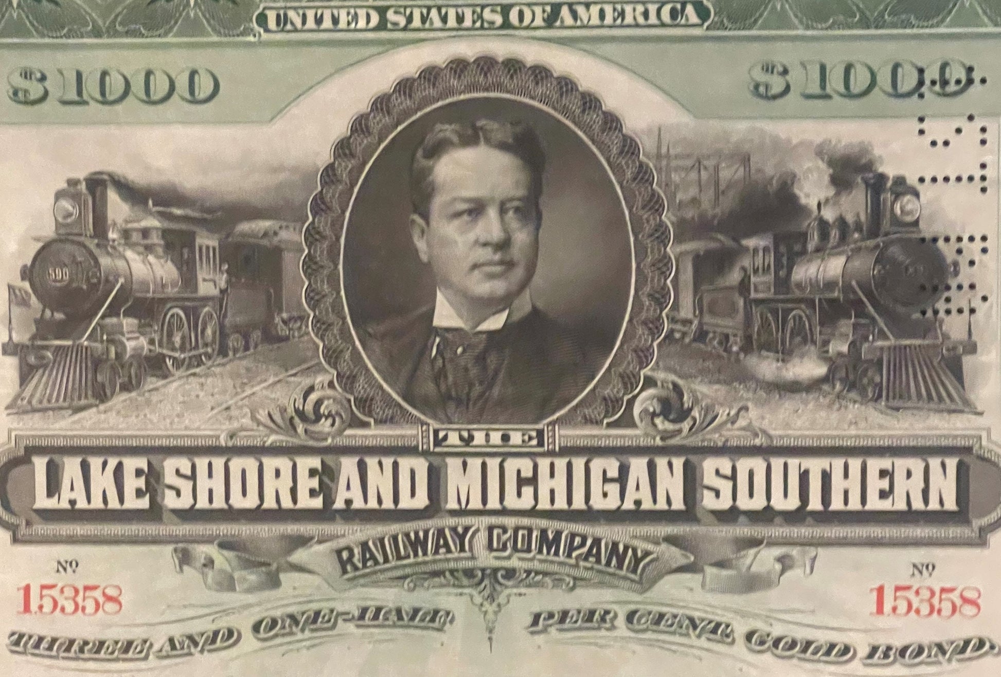 Antique 1897 Lake Shore and Michigan Southern Railway $1000 gold bond certificate with portrait and steam locomotives