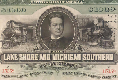 Antique 1897 Lake Shore and Michigan Southern Railway $1000 gold bond certificate with portrait and steam locomotives
