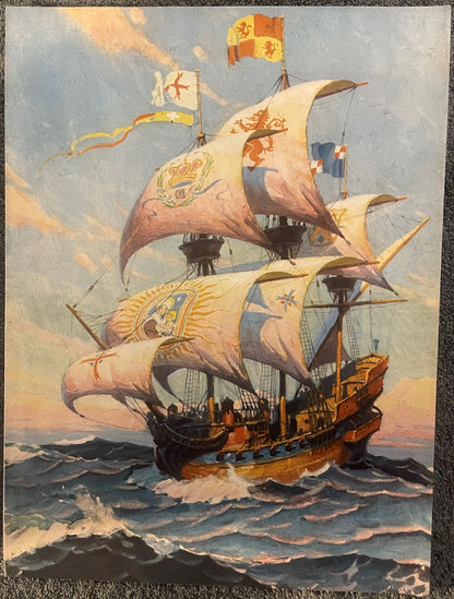 Vintage Spanish Galleon Art Print 🌅 1930s-40s Nautical Ship Wall Decor, 16x12