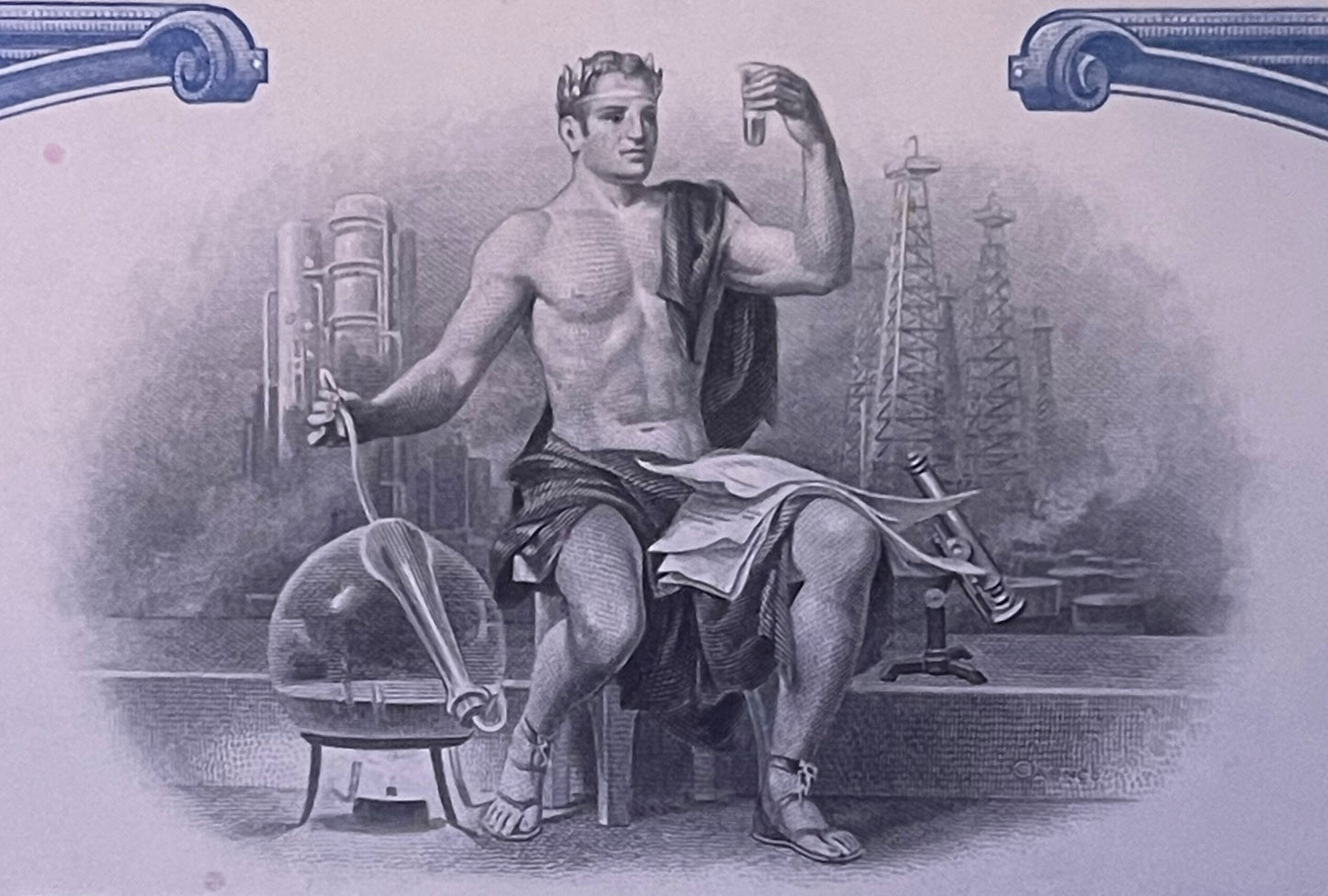 Engraved vignette of muscular bare-chested man flexing bicep, seated among industrial machinery and oil derricks in classical