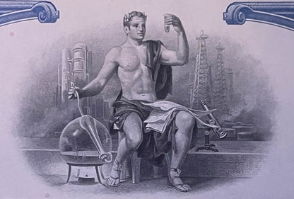Engraved vignette of muscular bare-chested man flexing bicep, seated among industrial machinery and oil derricks in classical