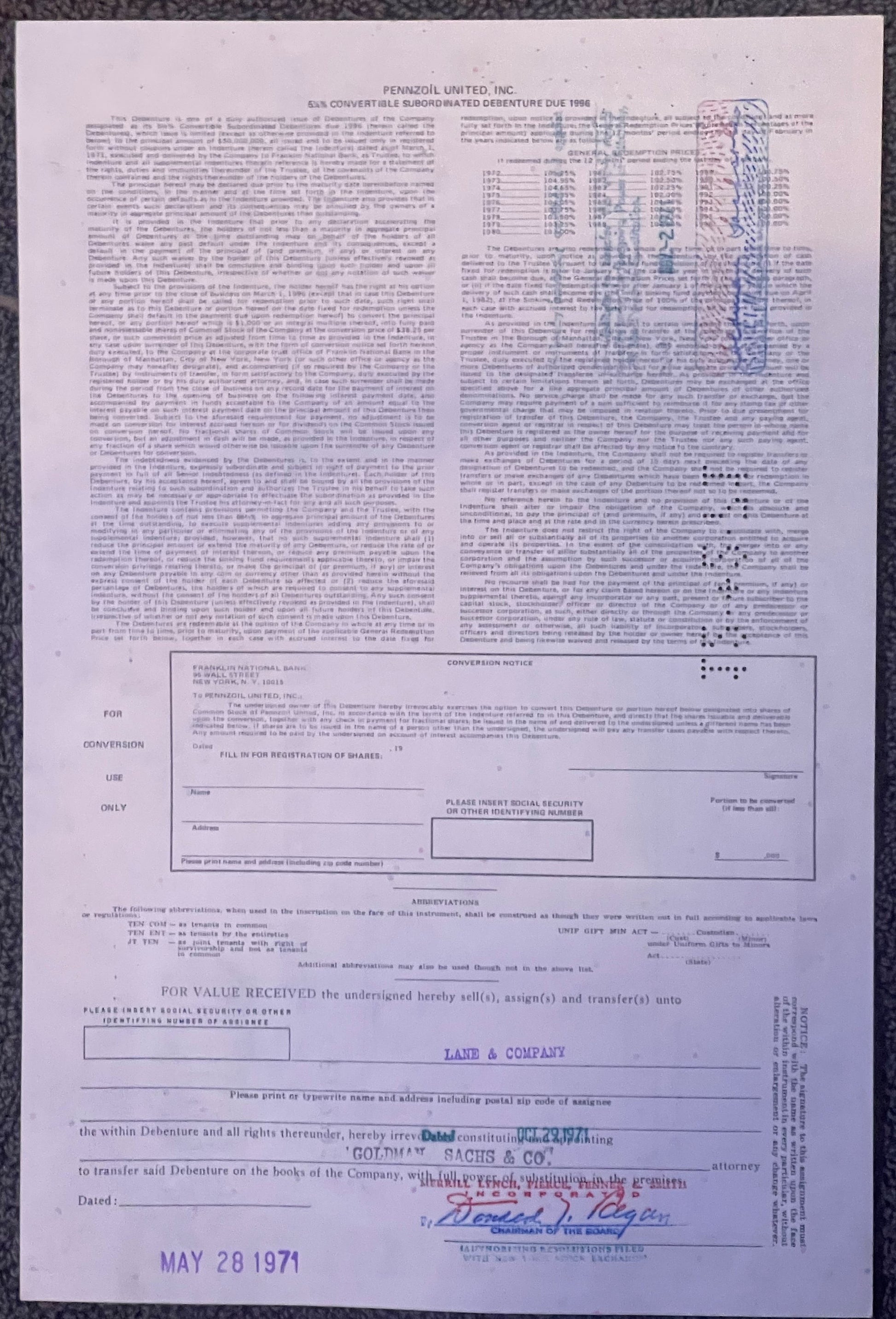 Vintage 1971 Pennzoil United convertible debenture bond certificate with purple printing and handwritten signatures, dated Ma