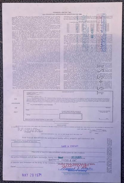 Vintage 1971 Pennzoil United convertible debenture bond certificate with purple printing and handwritten signatures, dated Ma
