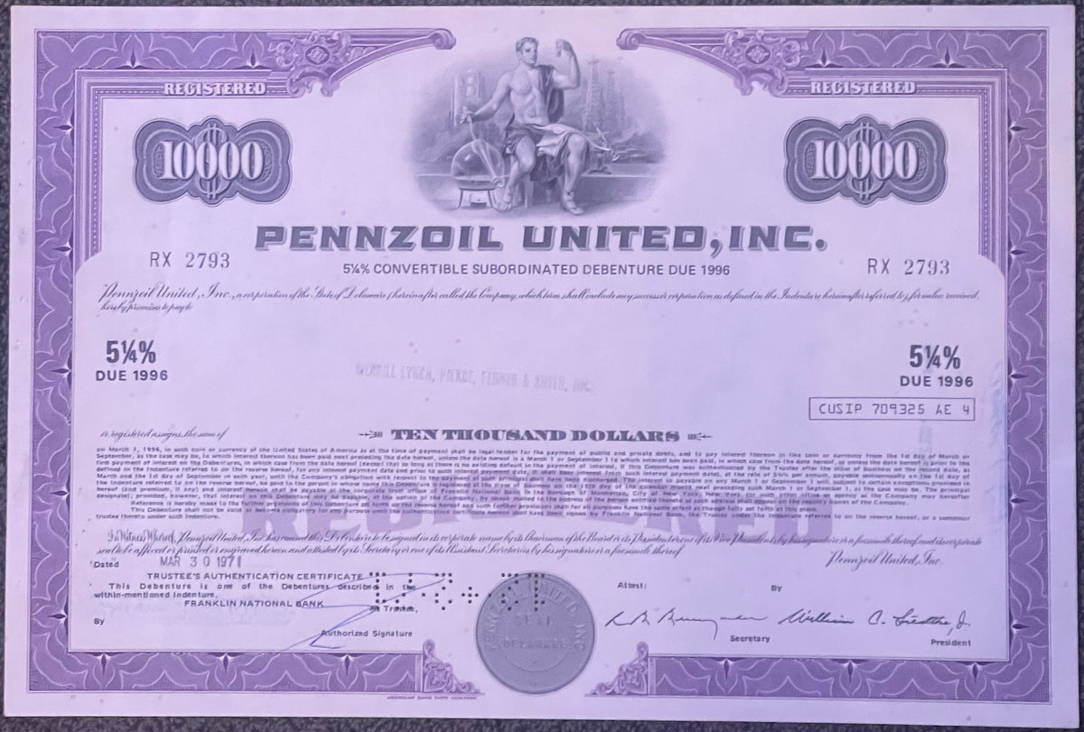 Purple bond certificate for Pennzoil United, Inc. with $10,000 denomination, 5¼% interest due 1996, featuring classical alleg