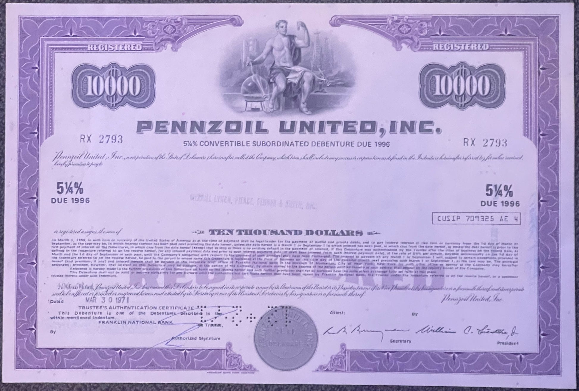 Purple bond certificate for Pennzoil United, Inc. with $10,000 denomination, 5¼% interest due 1996, featuring classical alleg