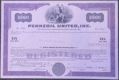 Purple bond certificate for Pennzoil United, Inc. with $10,000 denomination, 5¼% interest due 1996, featuring classical alleg