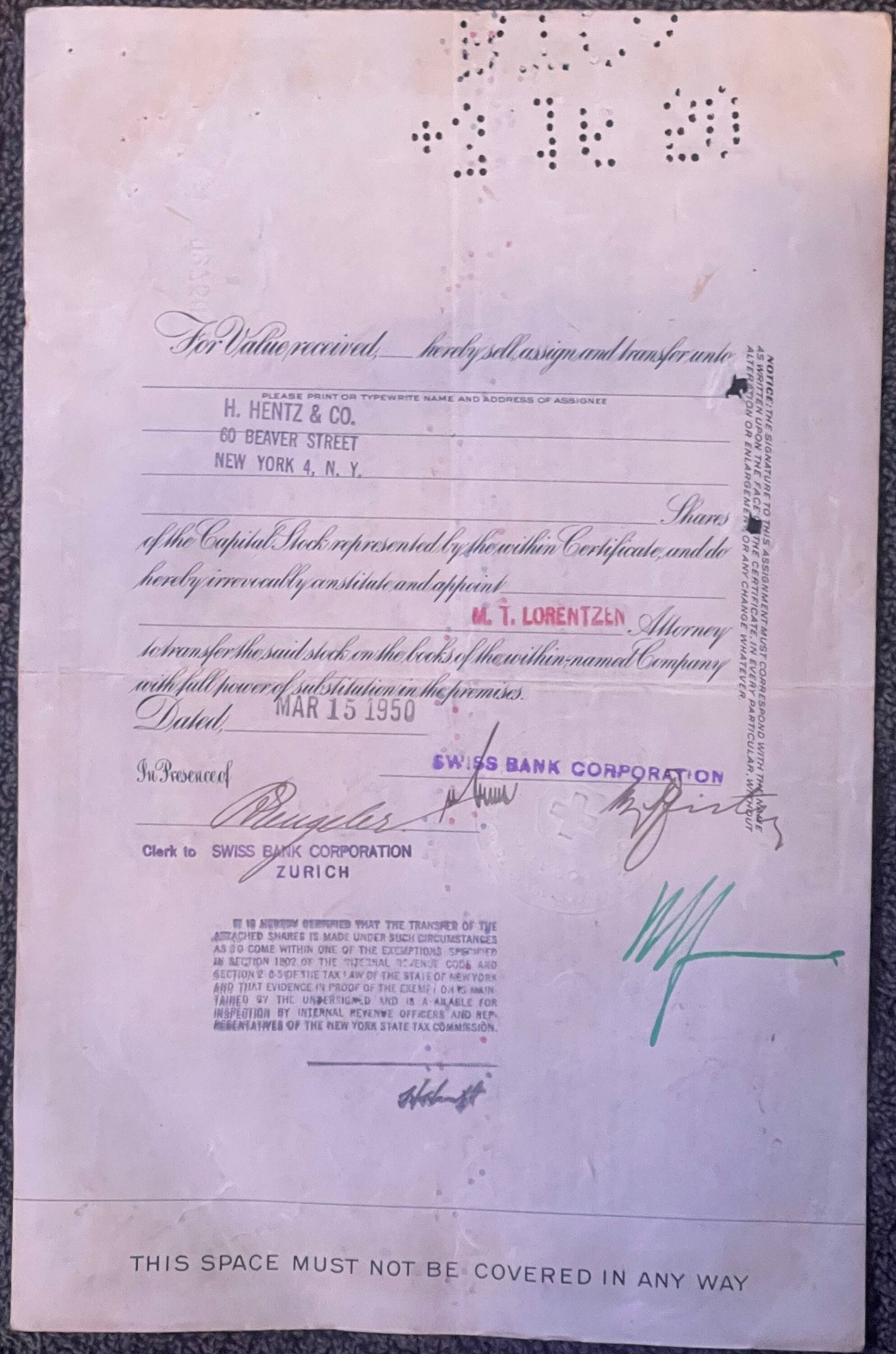 Pink stock certificate with printed text and handwritten signatures, issued by Swiss Bank Corporation Zu