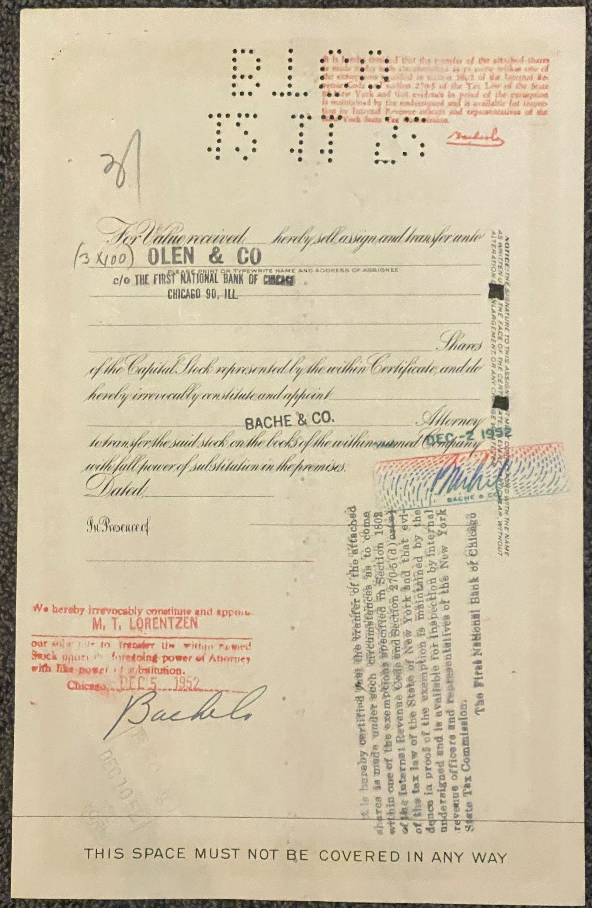 Vintage stock certificate with printed text and handwritten signatures, showing cream paper with black dot matrix printing an