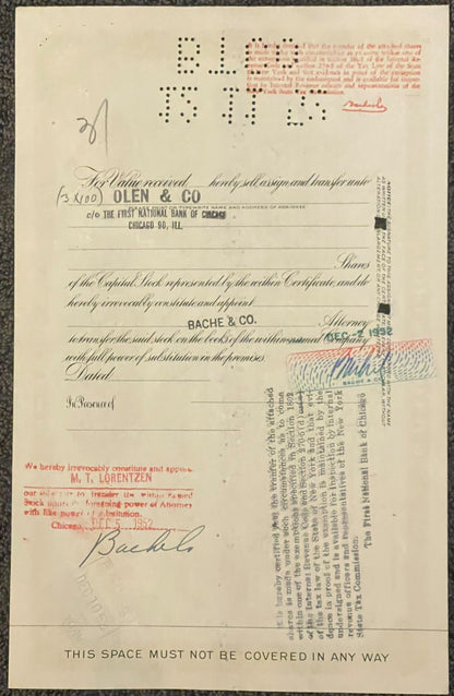 Vintage stock certificate with printed text and handwritten signatures, showing cream paper with black dot matrix printing an