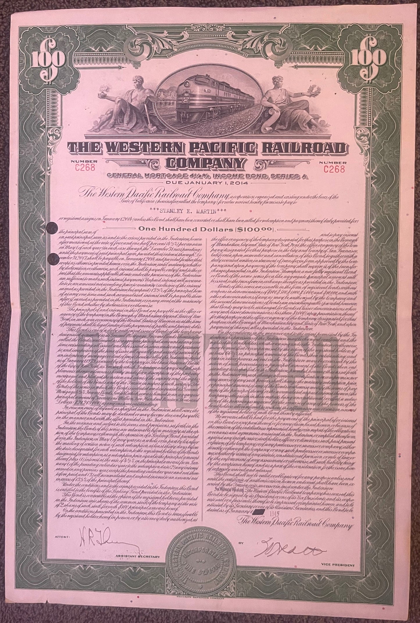 Pink and green antique Western Pacific Railroad $100 income bond from 1945, Series A, featuring steam locomotive and allegori
