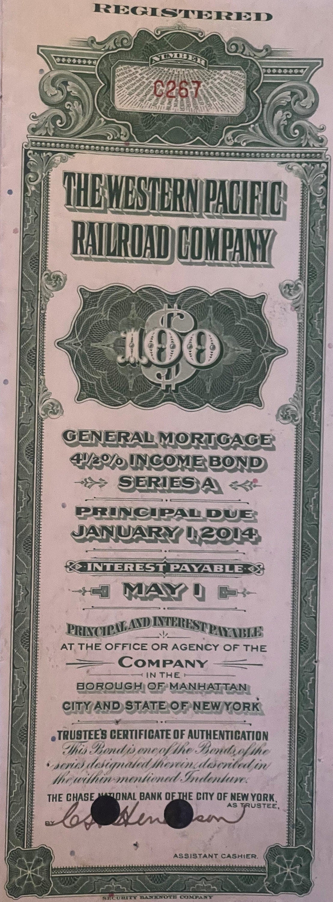 Registered $100 General Mortgage Income Bond from The Western Pacific Railroad Company, Series A, with ornate green border de