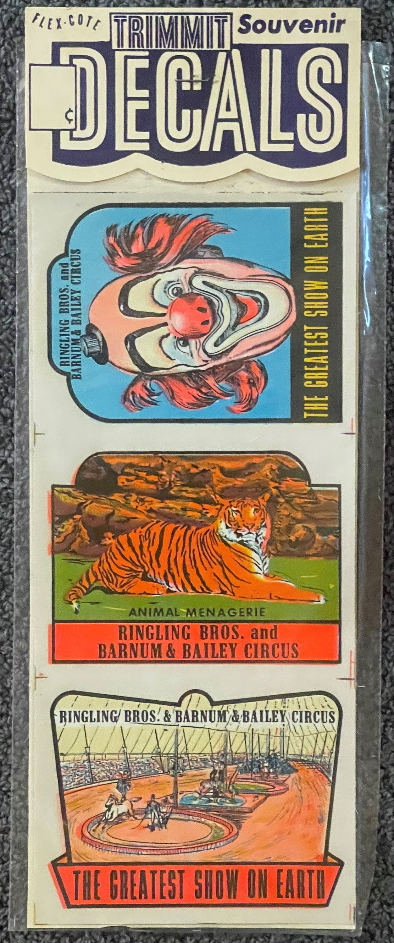 Vintage Trimmit souvenir decal sheet with three Ringling Bros and Barnum & Bailey Circus waterslide decals featuring a clown,