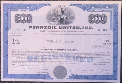Vintage Pennzoil United Inc. stock certificate for 5000 shares, 5½% convertible subordinated debenture due 1996, printed in b