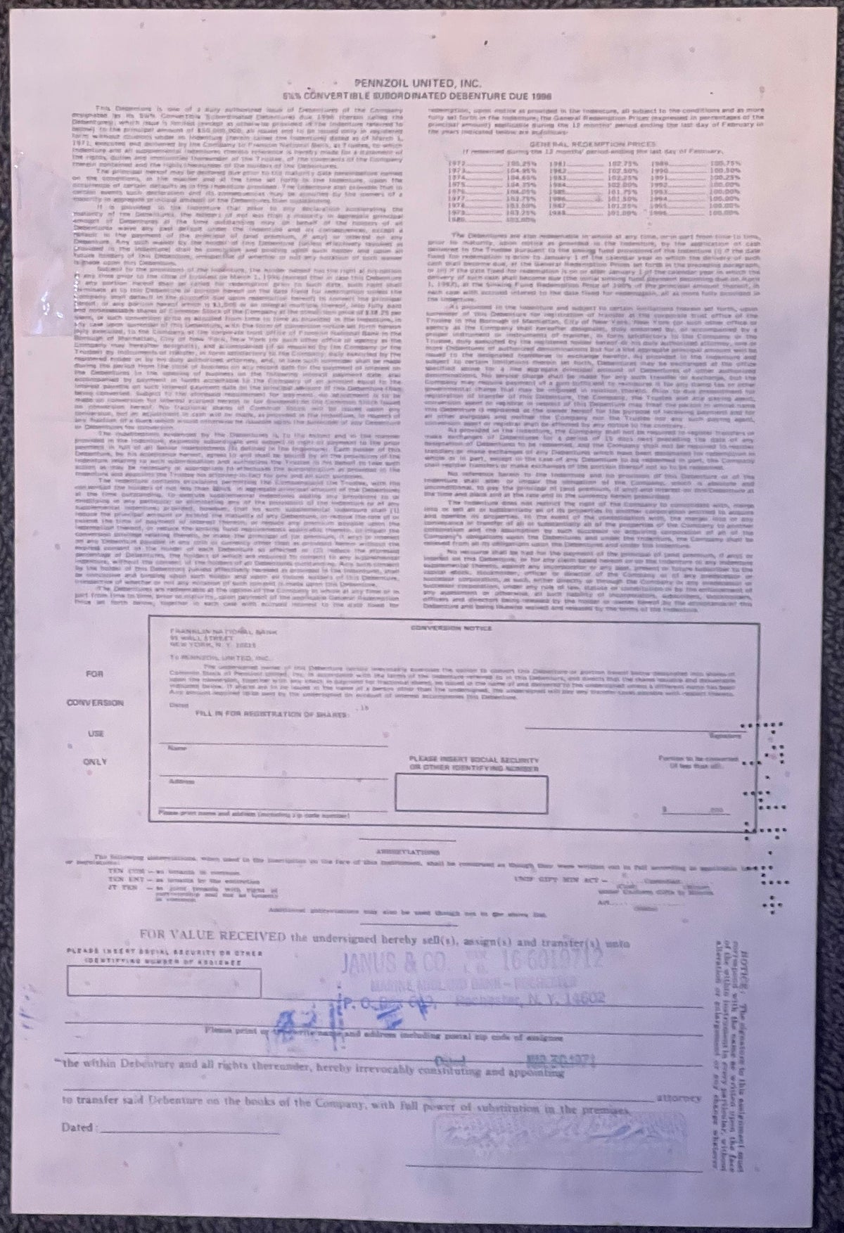 Vintage Pennzoil United stock certificate for 5000 shares, printed in blue and black on light pink paper, showing company let