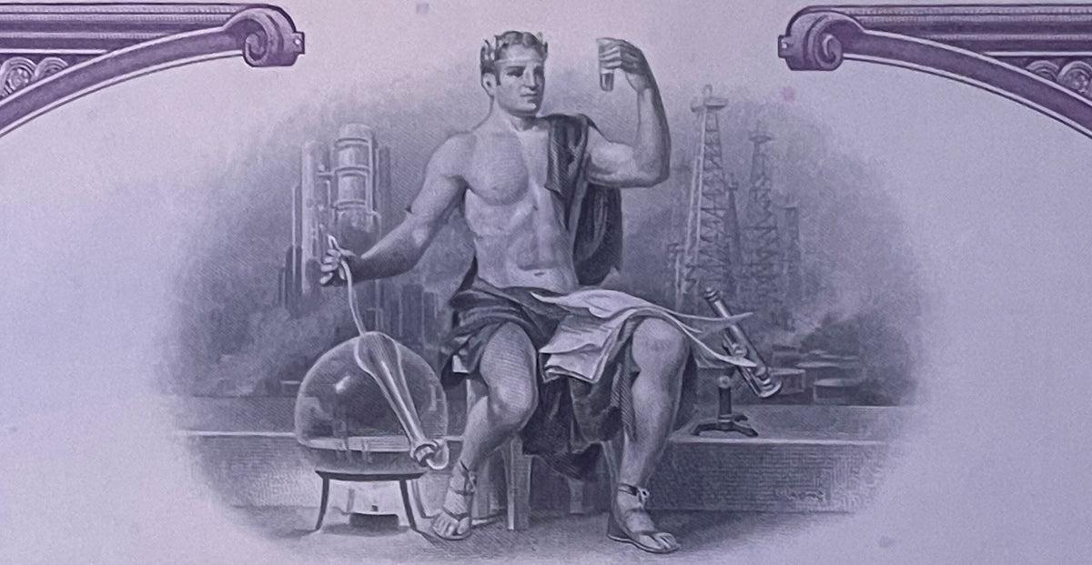 Purple-tinted engraving of a muscular shirtless man seated at a forge, holding a hammer and tool, with industrial buildings i