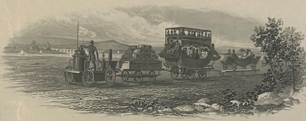 Engraved illustration showing steam locomotive pulling passenger and freight cars along a waterfront with sailing boats and b
