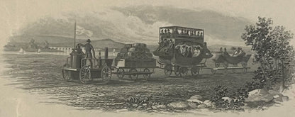 Engraved illustration showing steam locomotive pulling passenger and freight cars along a waterfront with sailing boats and b