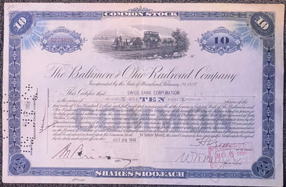 Vintage Baltimore & Ohio Railroad stock certificate for ten shares, blue-printed with locomotive vignette, dated October 26, 