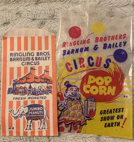 Vintage Ringling Bros Barnum and Bailey Circus Popcorn and Peanut Bag Set, Jumbo NOS 1950s Circus Advertising ✨