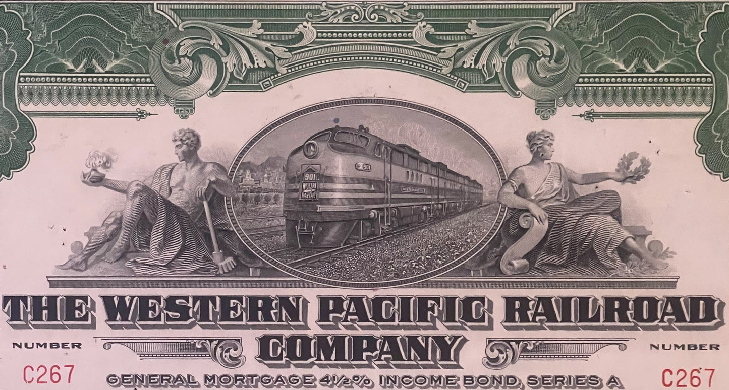 Ornate 1945 Western Pacific Railroad $100 income bond certificate with green decorative border, pink center, and engraved ste