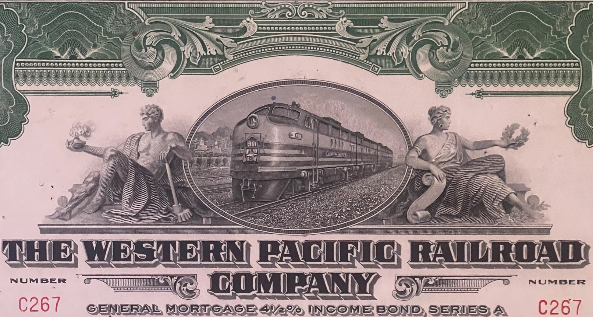 Ornate 1945 Western Pacific Railroad $100 income bond certificate with green decorative border, pink center, and engraved ste