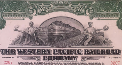 Ornate 1945 Western Pacific Railroad $100 income bond certificate with green decorative border, pink center, and engraved ste