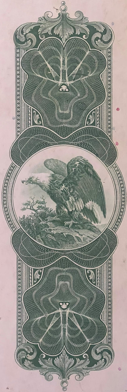 Ornate vertical engraving with eagle holding branch in center oval, flanked by floral and geometric designs in green ink on p