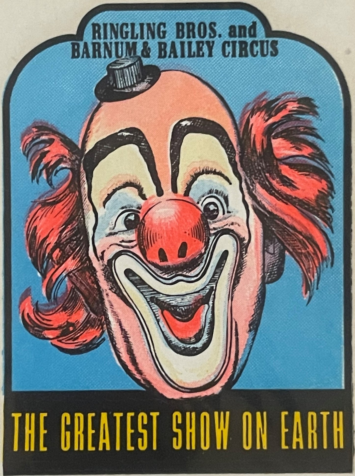 Vintage circus decal sheet featuring a smiling clown with red nose, blue eyeshadow, red and black hair tufts, top hat, agains