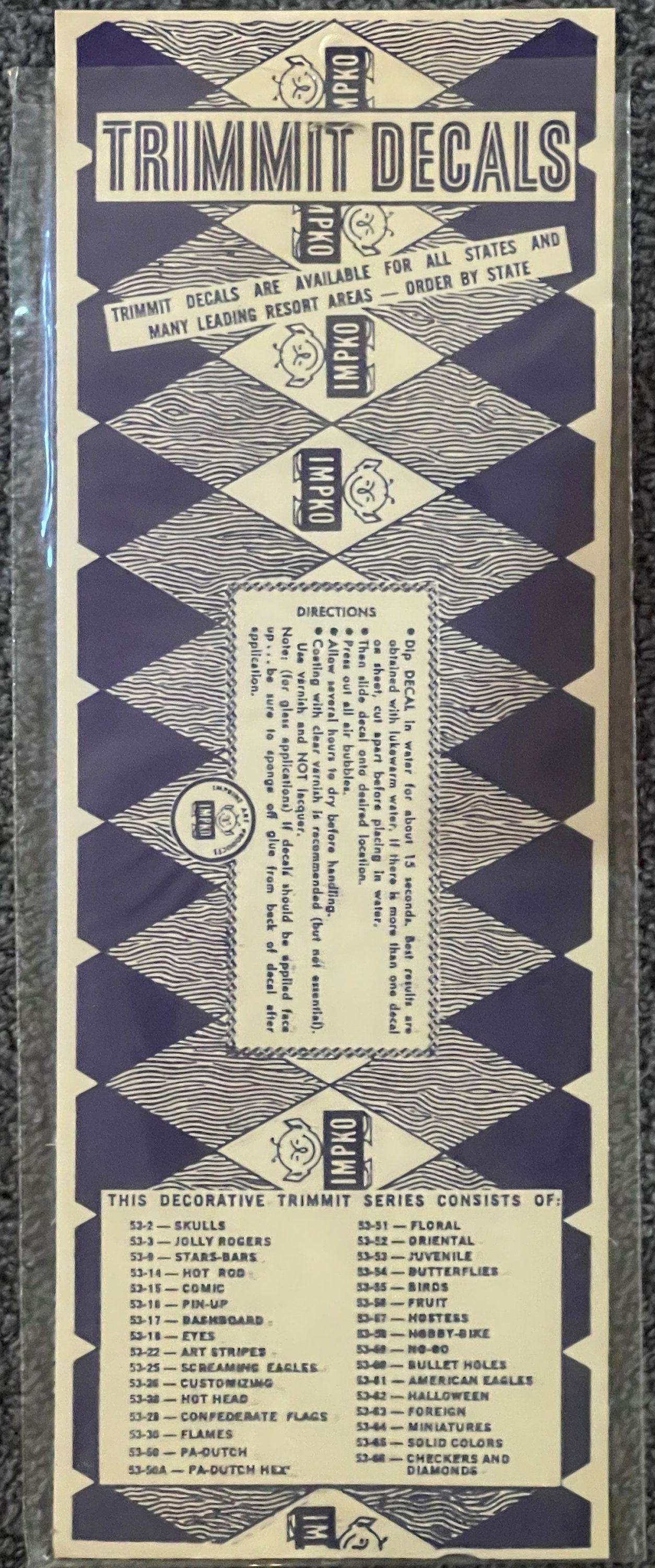 Vintage IMPKO Trimmit decal sheet with navy and cream art deco design showing product list and directions for waterslide circ