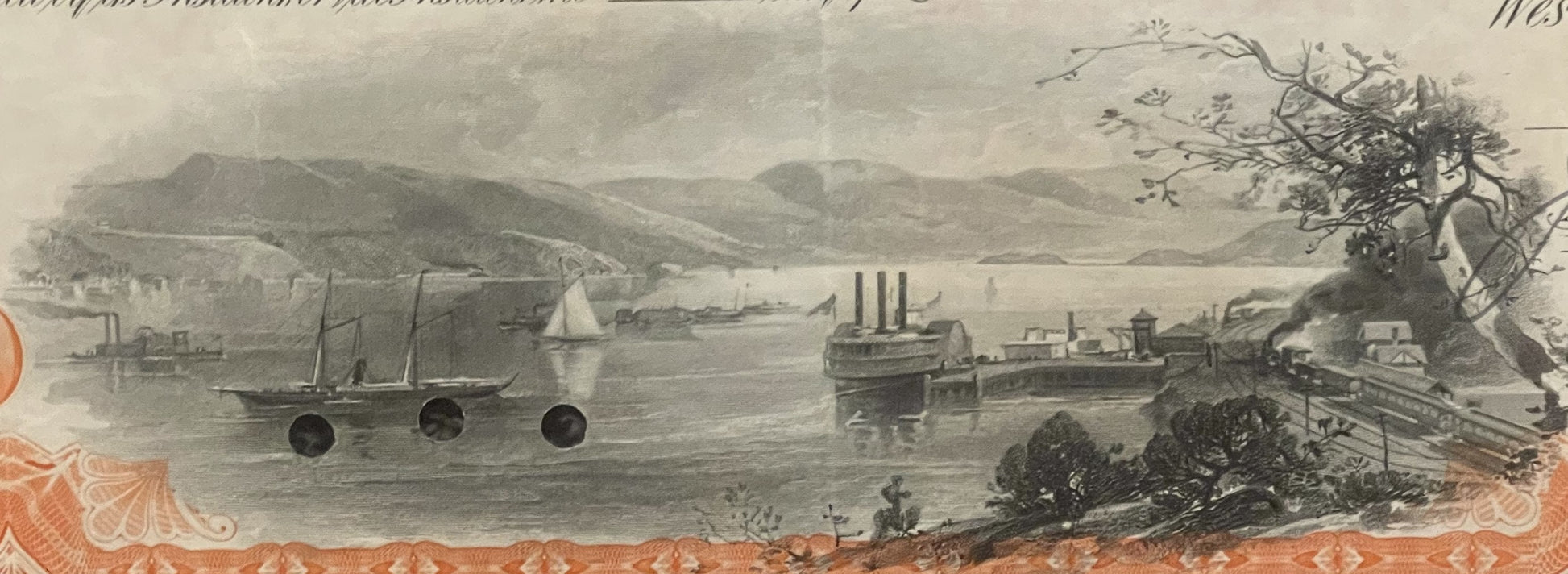 Engraved vignette showing steamships and sailboats on a river with mountains, industrial buildings, and bare tree on right ma