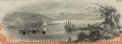 Engraved vignette showing steamships and sailboats on a river with mountains, industrial buildings, and bare tree on right ma