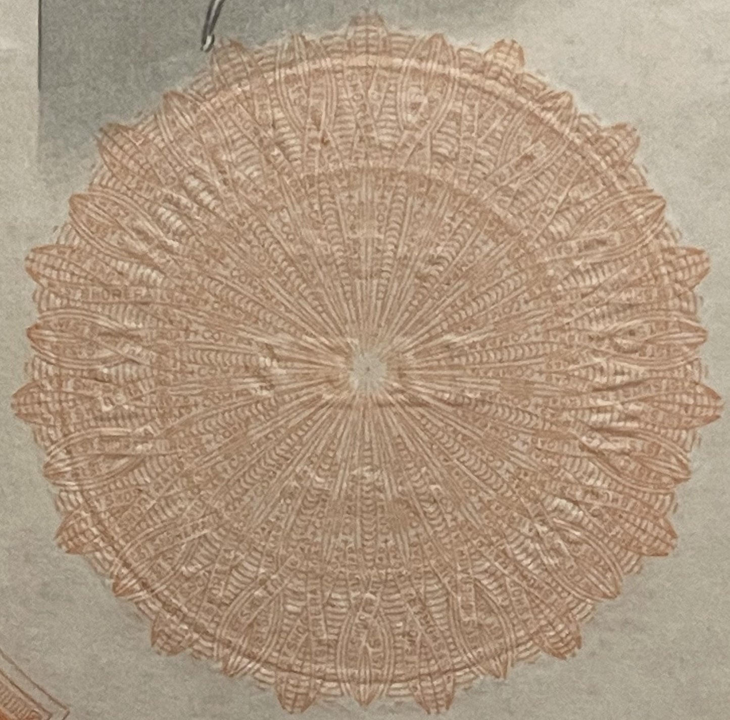 Ornate circular rosette pattern with radiating geometric lines in tan and cream on pale background, detail of decorative bond