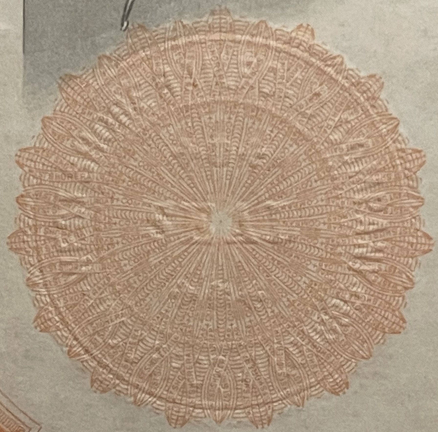 Ornate circular rosette pattern with radiating geometric lines in tan and cream on pale background, detail of decorative bond