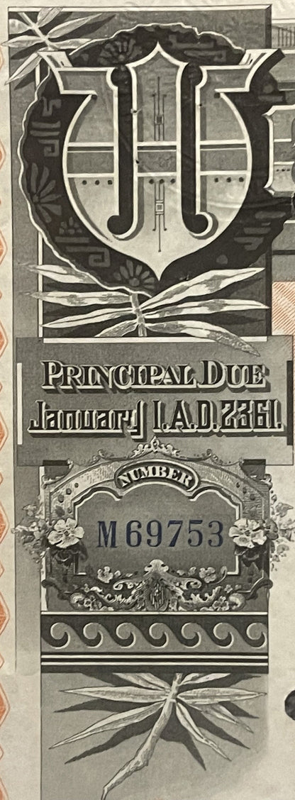 Close-up of ornate bond certificate header with decorative shield monogram, "Principal Due January 1 A.D. 2361" text, and ser