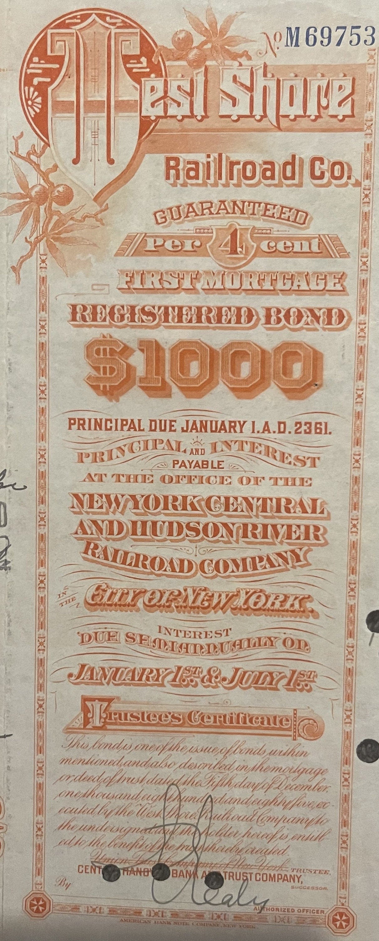 Ornate orange and cream West Shore Railroad $1,000 bond with decorative borders and principal due date
