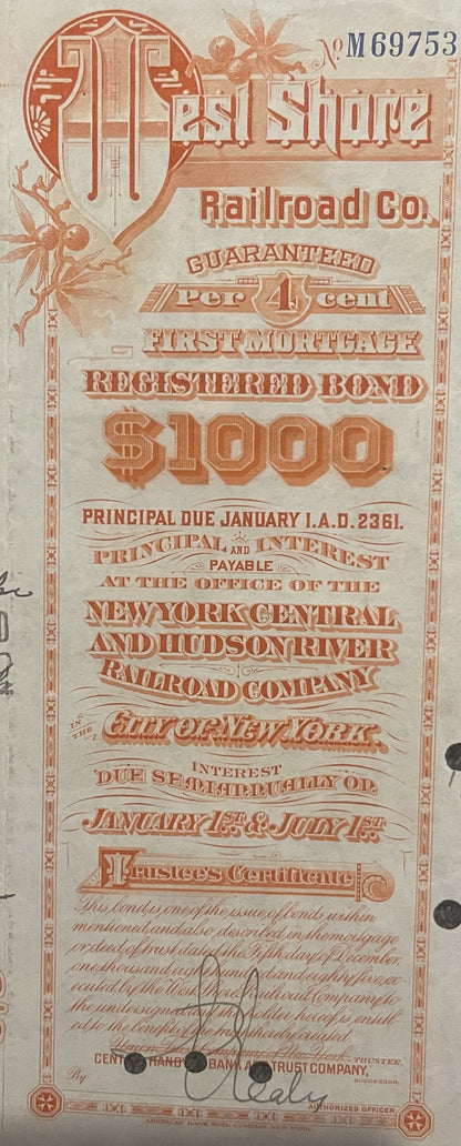 Ornate orange and cream West Shore Railroad $1,000 bond with decorative borders and principal due date