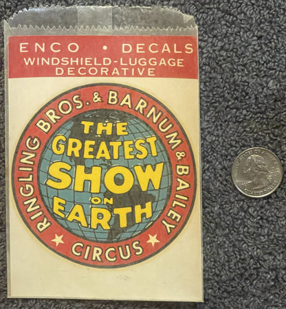 Enco Ringling Bros Barnum & Bailey Circus Waterslide Decal 🎪 Greatest Show on Earth, NOS 1950s Windshield-Luggage Transfer