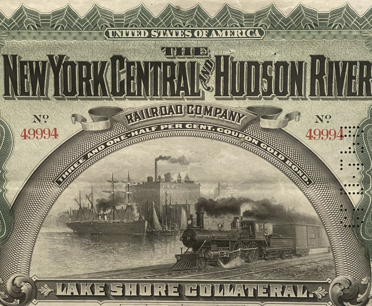 Antique 1898 New York Central & Hudson River Railroad bond featuring steam locomotive and sailing ships