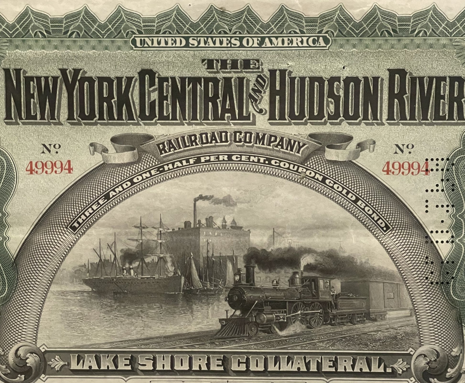 Antique 1898 New York Central & Hudson River Railroad bond featuring steam locomotive and sailing ships