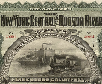 Antique 1898 New York Central & Hudson River Railroad bond featuring steam locomotive and sailing ships