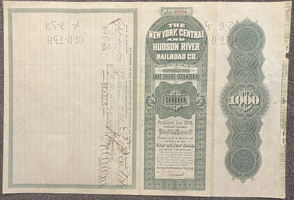 Vintage 1898 New York Central and Hudson River Railroad gold bond for $1000, showing ornate green engra