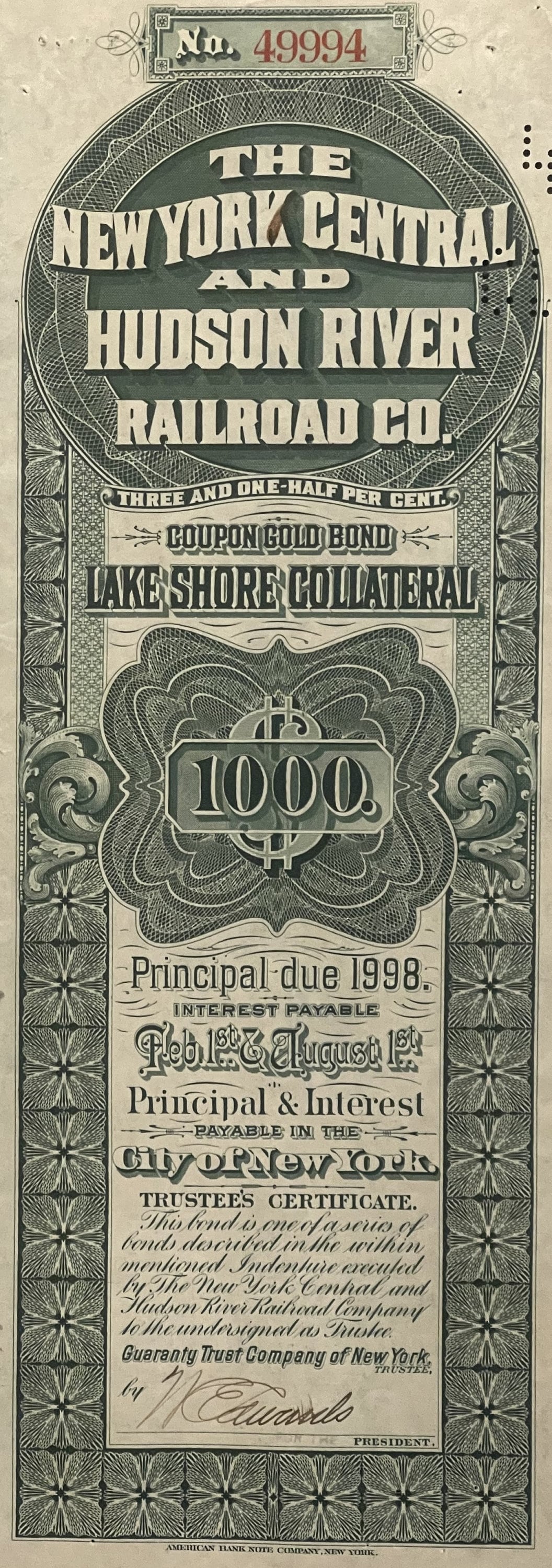 Antique 1898 New York Central and Hudson River Railroad $1000 gold bond certificate with ornate engraved border and text on c