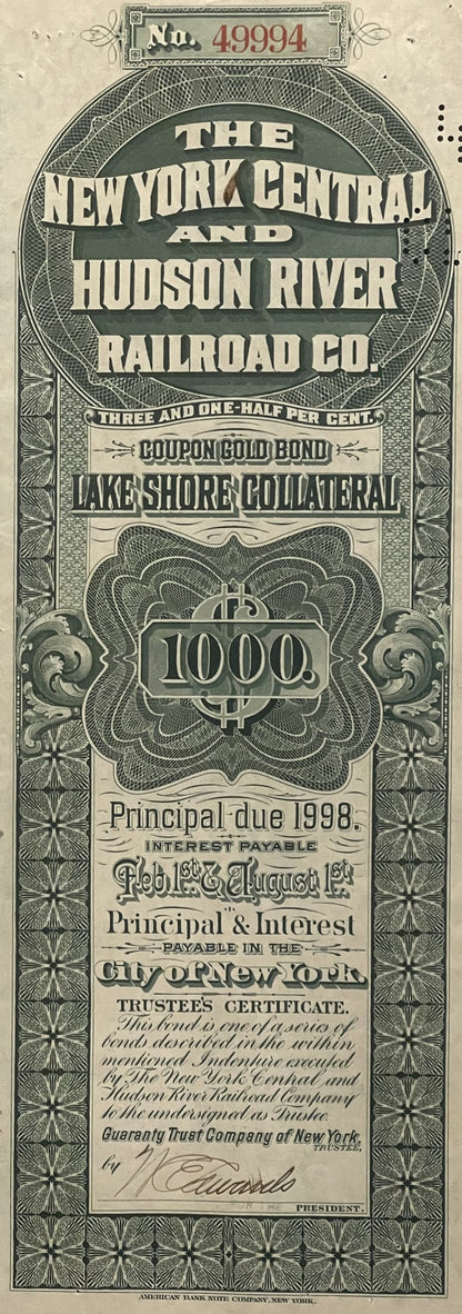 Antique 1898 New York Central and Hudson River Railroad $1000 gold bond certificate with ornate engraved border and text on c